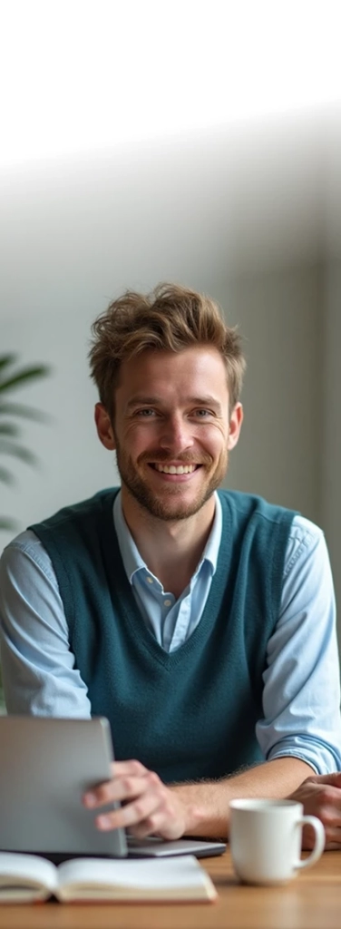 Un homme souriant travaille sur un ordinateur portable dans un cadre professionnel. Une tasse de café et des livres sont sur
