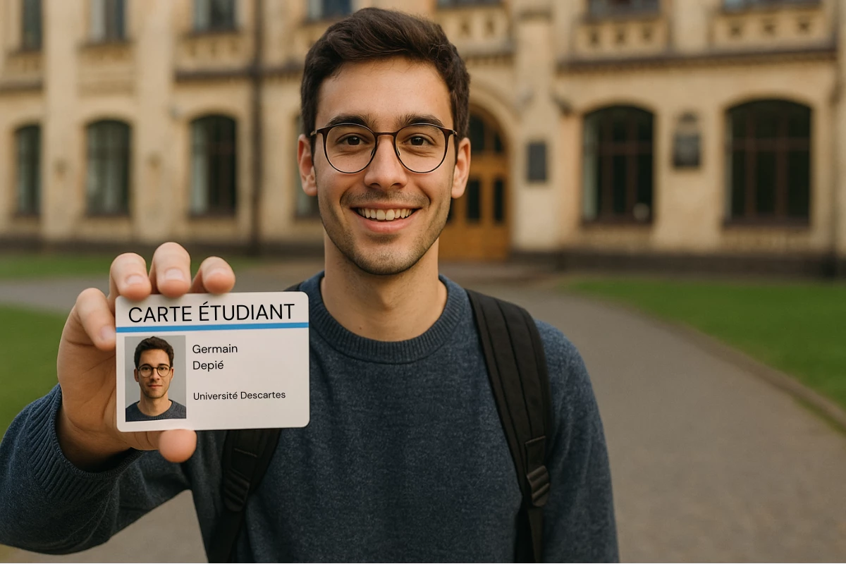 Un jeune homme souriant tient une carte d'étudiant de l'Université Descartes. Il porte des lunettes et un pull gris, debout