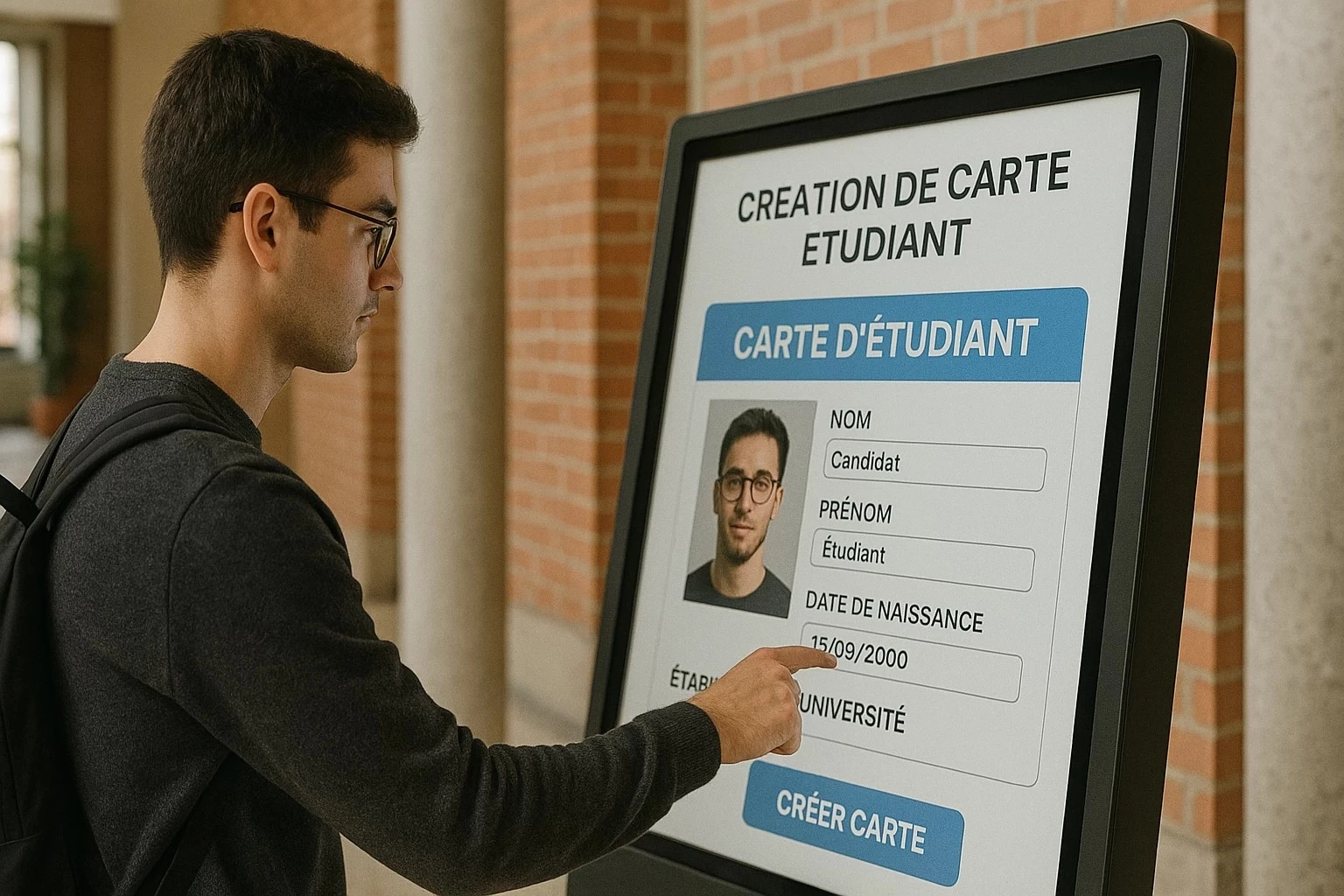 Un jeune homme crée une carte étudiante sur un écran tactile. L'écran affiche des champs à remplir et une photo.
