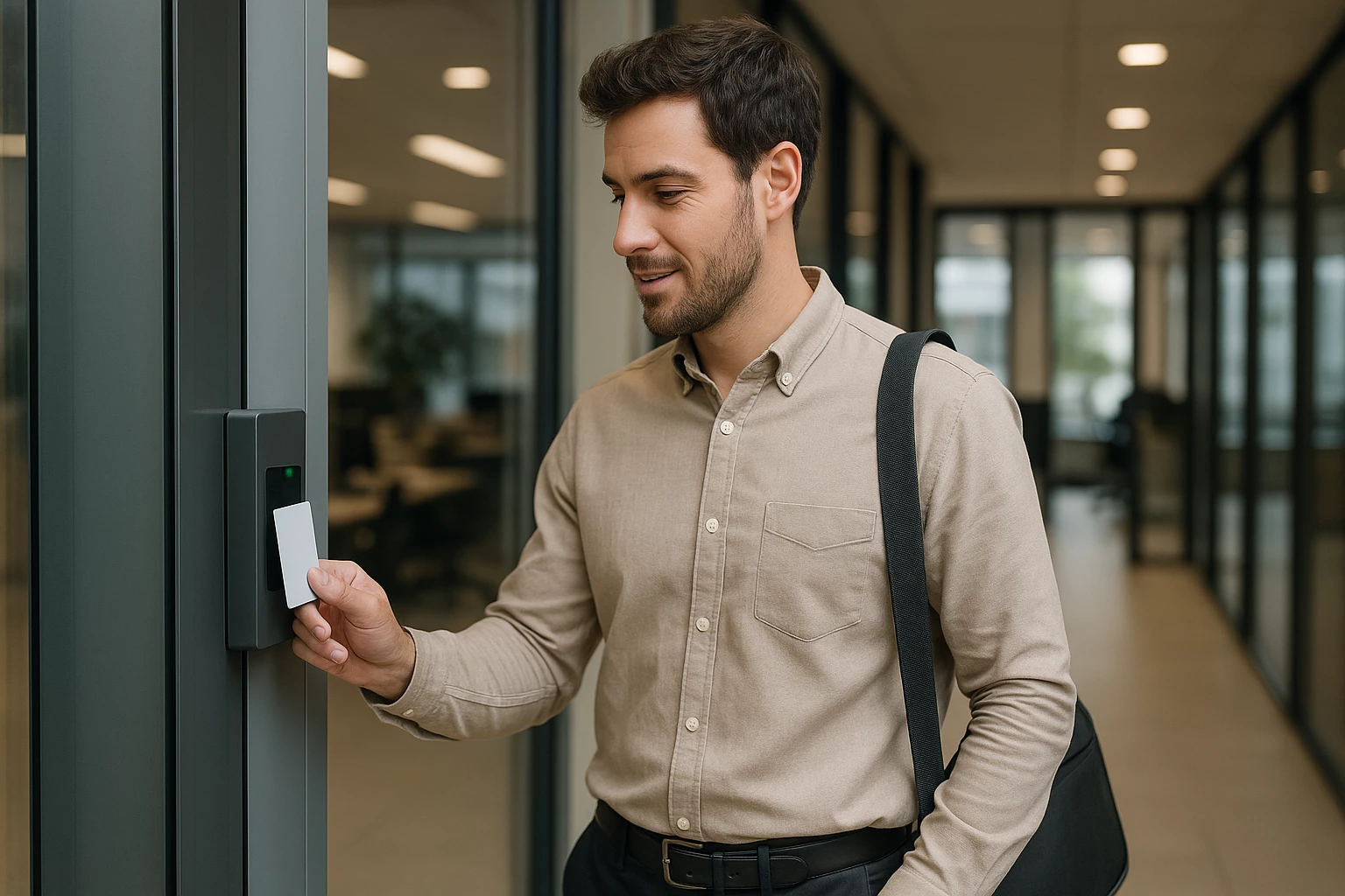 Un homme en chemise beige utilise une carte pour ouvrir une porte dans un bâtiment moderne.