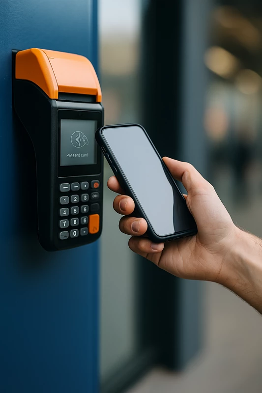 Une main tenant un smartphone devant un terminal de paiement, prêt à effectuer une transaction.