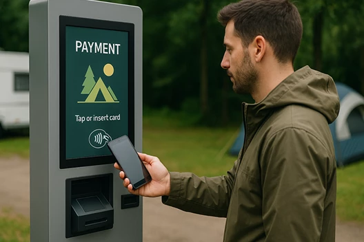 Un homme utilise une carte de paiement sur une borne de paiement en plein air. La borne affiche "Paiement" et des instruction
